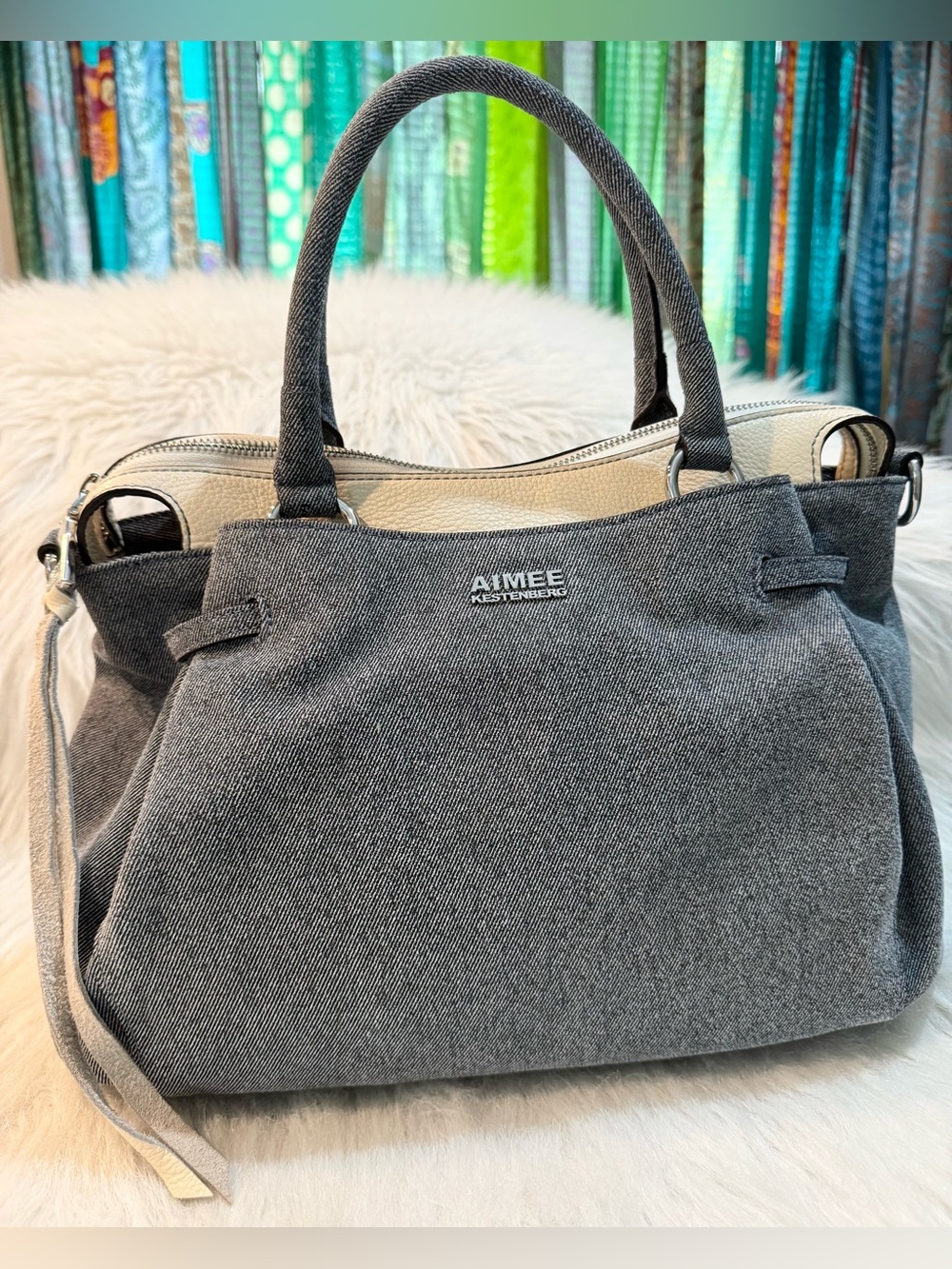 RARE Aimee Kestenberg Sandy “Denim” Leather Large Satchel Navy Soft White EUC